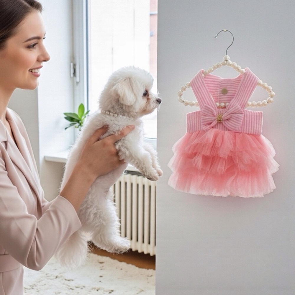 Adorable Pink and White Striped Seersucker and Tulle Small Pet Dress - Picture 4 of 4